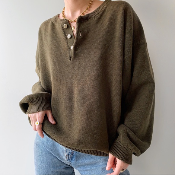 ‼️SOLD‼️ Vintage 100% cotton oversized slouchy 1/4 button v neck knit sweater - Picture 2 of 5